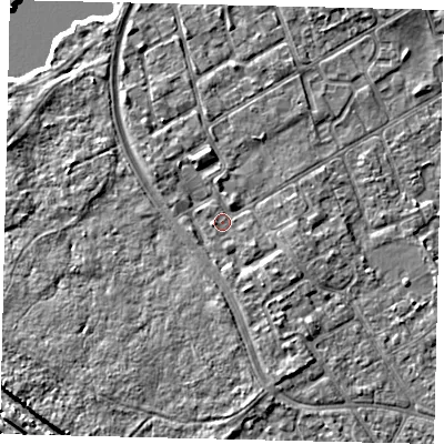 Shaded relief map of the ground around TW107NN, computed from Environment Agency LiDAR. The ground here sits at about 8 m above sea level and falls 6 m across the surrounding 800 m. Surface water reaching this point runs off ground lying to the south-south-east, 2.4 m higher.