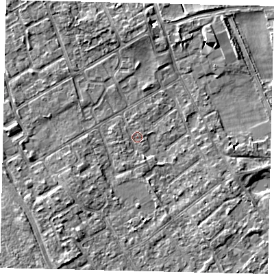 Shaded relief map of the ground around TW107NQ, computed from Environment Agency LiDAR. The ground here sits at about 7 m above sea level and falls 6 m across the surrounding 800 m. Surface water reaching this point runs off ground lying to the west, 1.0 m higher.