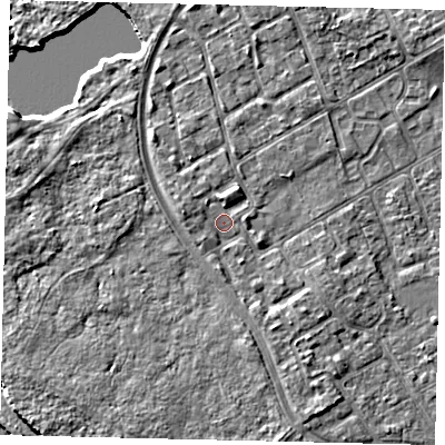 Shaded relief map of the ground around TW107NR, computed from Environment Agency LiDAR. The ground here sits at about 8 m above sea level and falls 6 m across the surrounding 800 m. Surface water reaching this point runs off ground lying to the south-south-east, 2.3 m higher.