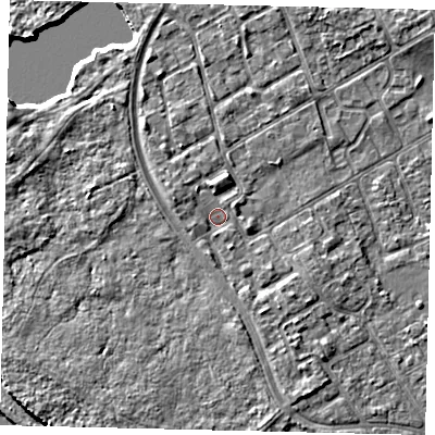 Shaded relief map of the ground around TW107NS, computed from Environment Agency LiDAR. The ground here sits at about 8 m above sea level and falls 6 m across the surrounding 800 m. Surface water reaching this point runs off ground lying to the south-south-east, 2.3 m higher.
