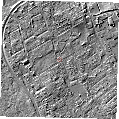 Shaded relief map of the ground around TW107NX, computed from Environment Agency LiDAR. The ground here sits at about 7 m above sea level and falls 4 m across the surrounding 800 m. Surface water reaching this point runs off ground lying to the south-south-west, 2.2 m higher.