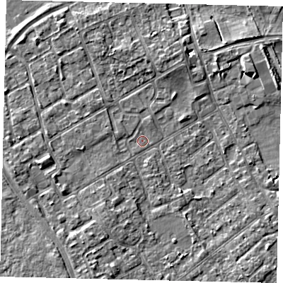 Shaded relief map of the ground around TW107PA, computed from Environment Agency LiDAR. The ground here sits at about 7 m above sea level and falls 5 m across the surrounding 800 m. Surface water reaching this point runs off ground lying to the south-south-west, 2.4 m higher.