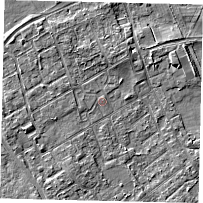 Shaded relief map of the ground around TW107PB, computed from Environment Agency LiDAR. The ground here sits at about 7 m above sea level and falls 5 m across the surrounding 800 m. Surface water reaching this point runs off ground lying to the south-south-west, 2.4 m higher.
