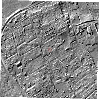 Shaded relief map of the ground around TW107PD, computed from Environment Agency LiDAR. The ground here sits at about 7 m above sea level and falls 3 m across the surrounding 800 m. Surface water reaching this point runs off ground lying to the west, 1.0 m higher.