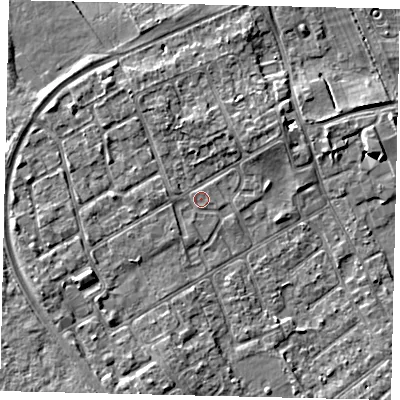 Shaded relief map of the ground around TW107PE, computed from Environment Agency LiDAR. The ground here sits at about 7 m above sea level and falls 4 m across the surrounding 800 m. Surface water reaching this point runs off ground lying to the north, 1.8 m higher.