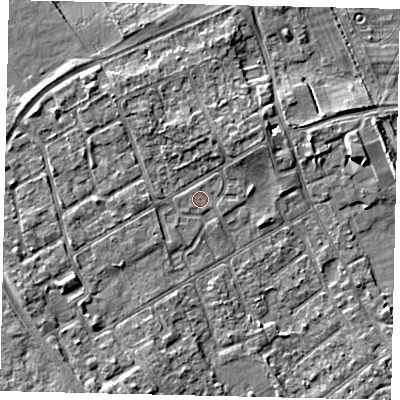 Shaded relief map of the ground around TW107PF, computed from Environment Agency LiDAR. The ground here sits at about 7 m above sea level and falls 5 m across the surrounding 800 m. Surface water reaching this point runs off ground lying to the north-north-east, 2.1 m higher.