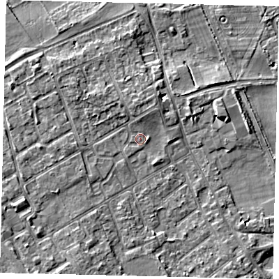 Shaded relief map of the ground around TW107PH, computed from Environment Agency LiDAR. The ground here sits at about 7 m above sea level and falls 5 m across the surrounding 800 m. Surface water reaching this point runs off ground lying to the north, 0.6 m higher.