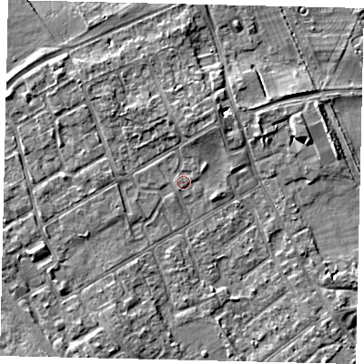 Shaded relief map of the ground around TW107PJ, computed from Environment Agency LiDAR. The ground here sits at about 7 m above sea level and falls 5 m across the surrounding 800 m. Surface water reaching this point runs off ground lying to the north, 2.1 m higher.