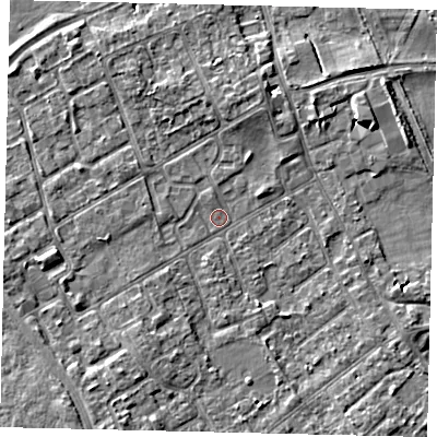 Shaded relief map of the ground around TW107PN, computed from Environment Agency LiDAR. The ground here sits at about 7 m above sea level and falls 5 m across the surrounding 800 m. Surface water reaching this point runs off ground lying to the south-west, 2.5 m higher.