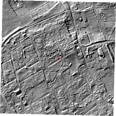 Shaded relief map of the ground around TW107QL, computed from Environment Agency LiDAR. The ground here sits at about 8 m above sea level and falls 5 m across the surrounding 800 m. Surface water reaching this point runs off ground lying to the north-east, 2.1 m higher.