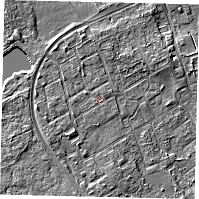 Shaded relief map of the ground around TW107QN, computed from Environment Agency LiDAR. The ground here sits at about 7 m above sea level and falls 5 m across the surrounding 800 m. Surface water reaching this point runs off ground lying to the north-east, 0.8 m higher.