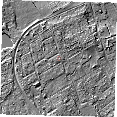 Shaded relief map of the ground around TW107QP, computed from Environment Agency LiDAR. The ground here sits at about 8 m above sea level and falls 5 m across the surrounding 800 m. Surface water reaching this point runs off ground lying to the south, 0.7 m higher.
