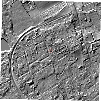 Shaded relief map of the ground around TW107QR, computed from Environment Agency LiDAR. The ground here sits at about 8 m above sea level and falls 5 m across the surrounding 800 m. Surface water reaching this point runs off ground lying to the north, 1.6 m higher.