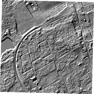 Shaded relief map of the ground around TW107QU, computed from Environment Agency LiDAR. The ground here sits at about 8 m above sea level and falls 5 m across the surrounding 800 m. Surface water reaching this point runs off ground lying to the north-north-east, 1.6 m higher.
