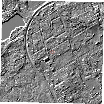 Shaded relief map of the ground around TW107QW, computed from Environment Agency LiDAR. The ground here sits at about 8 m above sea level and falls 5 m across the surrounding 800 m. Surface water reaching this point runs off ground lying to the west-north-west, 0.9 m higher.