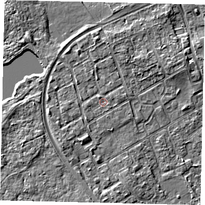 Shaded relief map of the ground around TW107QY, computed from Environment Agency LiDAR. The ground here sits at about 7 m above sea level and falls 5 m across the surrounding 800 m. Surface water reaching this point runs off ground lying to the north-north-east, 1.7 m higher.