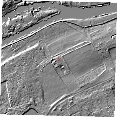 Shaded relief map of the ground around TW107RT, computed from Environment Agency LiDAR. The ground here sits at about 7 m above sea level and falls 6 m across the surrounding 800 m. Surface water reaching this point runs off ground lying to the south-west, 2.3 m higher.