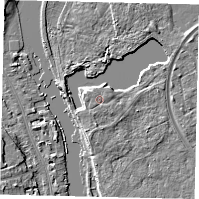 Shaded relief map of the ground around TW107RX, computed from Environment Agency LiDAR. The ground here sits at about 8 m above sea level and falls 7 m across the surrounding 800 m. Surface water reaching this point runs off ground lying to the east-north-east, 0.9 m higher.
