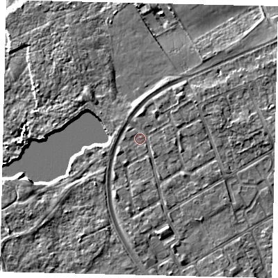Shaded relief map of the ground around TW107RY, computed from Environment Agency LiDAR. The ground here sits at about 8 m above sea level and falls 6 m across the surrounding 800 m. Surface water reaching this point runs off ground lying to the north-east, 1.9 m higher.