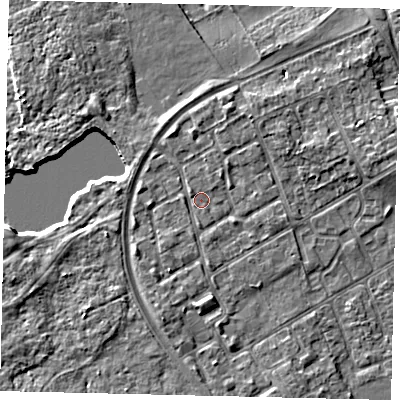 Shaded relief map of the ground around TW107SA, computed from Environment Agency LiDAR. The ground here sits at about 8 m above sea level and falls 5 m across the surrounding 800 m. Surface water reaching this point runs off ground lying to the north-north-east, 1.9 m higher.