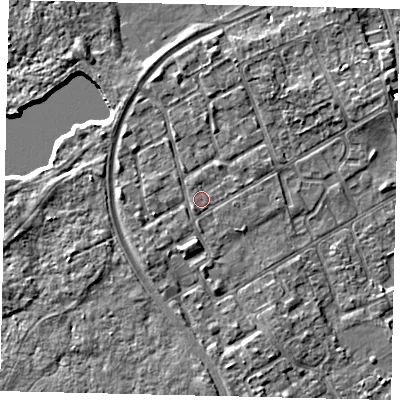 Shaded relief map of the ground around TW107SB, computed from Environment Agency LiDAR. The ground here sits at about 8 m above sea level and falls 5 m across the surrounding 800 m. Surface water reaching this point runs off ground lying to the east-north-east, 0.8 m higher.
