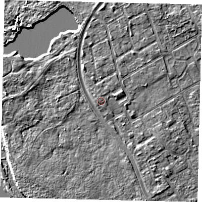 Shaded relief map of the ground around TW107SD, computed from Environment Agency LiDAR. The ground here sits at about 8 m above sea level and falls 6 m across the surrounding 800 m. Surface water reaching this point runs off ground lying to the west-south-west, 0.9 m higher.