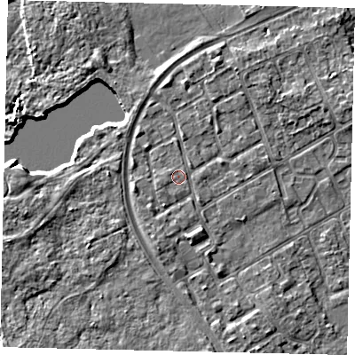 Shaded relief map of the ground around TW107SE, computed from Environment Agency LiDAR. The ground here sits at about 8 m above sea level and falls 6 m across the surrounding 800 m. Surface water reaching this point runs off ground lying to the south-south-west, 1.1 m higher.
