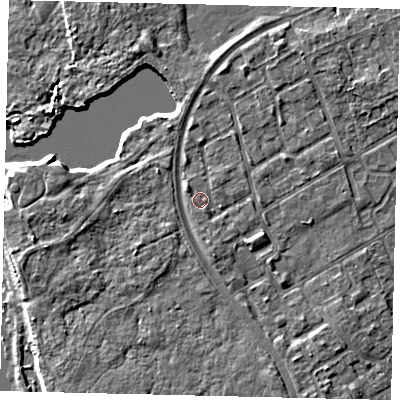 Shaded relief map of the ground around TW107SF, computed from Environment Agency LiDAR. The ground here sits at about 8 m above sea level and falls 6 m across the surrounding 800 m. Surface water reaching this point runs off ground lying to the south-south-east, 1.1 m higher.