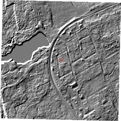 Shaded relief map of the ground around TW107SH, computed from Environment Agency LiDAR. The ground here sits at about 8 m above sea level and falls 6 m across the surrounding 800 m. Surface water reaching this point runs off ground lying to the west-south-west, 2.6 m higher.