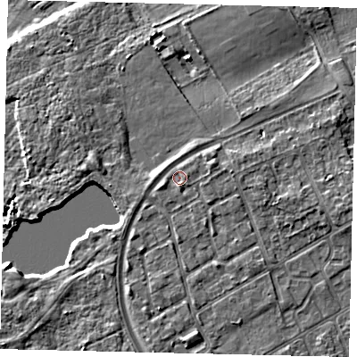 Shaded relief map of the ground around TW107SN, computed from Environment Agency LiDAR. The ground here sits at about 8 m above sea level and falls 6 m across the surrounding 800 m. Surface water reaching this point runs off ground lying to the east-north-east, 1.6 m higher.