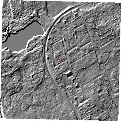 Shaded relief map of the ground around TW107SQ, computed from Environment Agency LiDAR. The ground here sits at about 8 m above sea level and falls 6 m across the surrounding 800 m. Surface water reaching this point runs off ground lying to the south-south-west, 1.1 m higher.