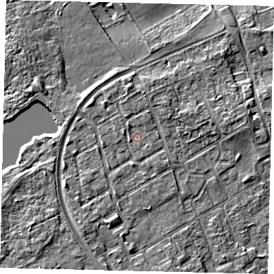 Shaded relief map of the ground around TW107SW, computed from Environment Agency LiDAR. The ground here sits at about 7 m above sea level and falls 5 m across the surrounding 800 m. Surface water reaching this point runs off ground lying to the west-south-west, 1.1 m higher.