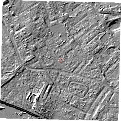 Shaded relief map of the ground around TW107TS, computed from Environment Agency LiDAR. The ground here sits at about 7 m above sea level and falls 7 m across the surrounding 800 m. Surface water reaching this point runs off ground lying to the south-south-west, 4.1 m higher.