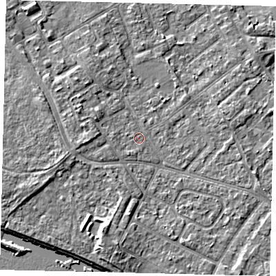 Shaded relief map of the ground around TW107TT, computed from Environment Agency LiDAR. The ground here sits at about 7 m above sea level and falls 7 m across the surrounding 800 m. Surface water reaching this point runs off ground lying to the south-south-west, 4.1 m higher.