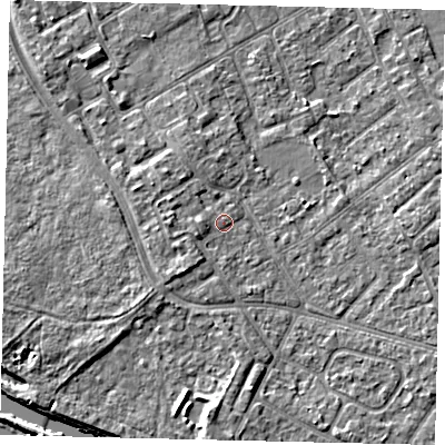 Shaded relief map of the ground around TW107TU, computed from Environment Agency LiDAR. The ground here sits at about 8 m above sea level and falls 7 m across the surrounding 800 m. Surface water reaching this point runs off ground lying to the south-west, 2.5 m higher.