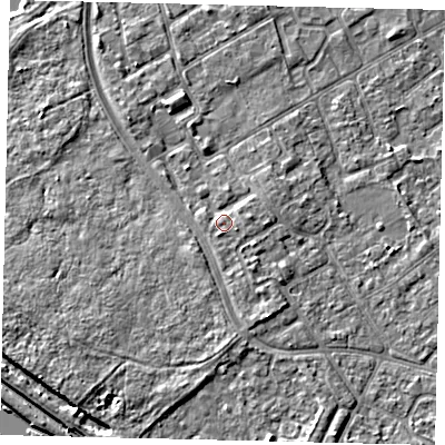 Shaded relief map of the ground around TW107UN, computed from Environment Agency LiDAR. The ground here sits at about 9 m above sea level and falls 6 m across the surrounding 800 m. Surface water reaching this point runs off ground lying to the east-south-east, 1.7 m higher.
