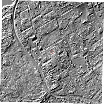 Shaded relief map of the ground around TW107UT, computed from Environment Agency LiDAR. The ground here sits at about 8 m above sea level and falls 6 m across the surrounding 800 m. Surface water reaching this point runs off ground lying to the south-east, 0.8 m higher.