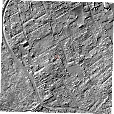 Shaded relief map of the ground around TW107UU, computed from Environment Agency LiDAR. The ground here sits at about 7 m above sea level and falls 4 m across the surrounding 800 m. Surface water reaching this point runs off ground lying to the south-west, 1.3 m higher.
