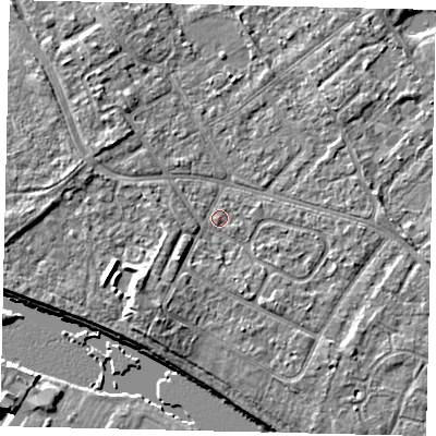 Shaded relief map of the ground around TW107XS, computed from Environment Agency LiDAR. The ground here sits at about 8 m above sea level and falls 9 m across the surrounding 800 m. Surface water reaching this point runs off ground lying to the south-south-west, 3.0 m higher.