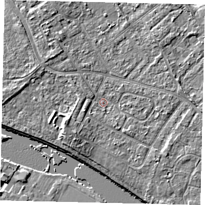 Shaded relief map of the ground around TW107XT, computed from Environment Agency LiDAR. The ground here sits at about 8 m above sea level and falls 9 m across the surrounding 800 m. Surface water reaching this point runs off ground lying to the south-west, 1.5 m higher.