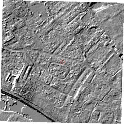 Shaded relief map of the ground around TW107XU, computed from Environment Agency LiDAR. The ground here sits at about 8 m above sea level and falls 7 m across the surrounding 800 m. Surface water reaching this point runs off ground lying to the east, 1.0 m higher.