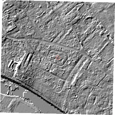 Shaded relief map of the ground around TW107XY, computed from Environment Agency LiDAR. The ground here sits at about 8 m above sea level and falls 7 m across the surrounding 800 m. Surface water reaching this point runs off ground lying to the west-south-west, 2.9 m higher.