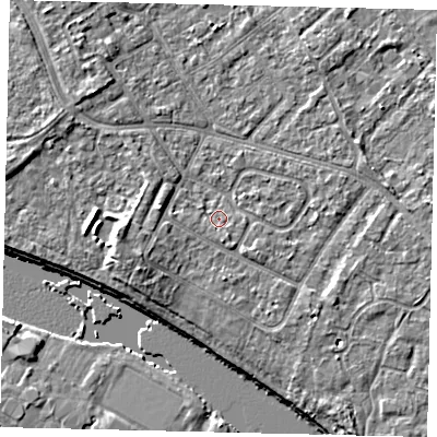 Shaded relief map of the ground around TW107XZ, computed from Environment Agency LiDAR. The ground here sits at about 8 m above sea level and falls 7 m across the surrounding 800 m. Surface water reaching this point runs off ground lying to the south, 1.1 m higher.