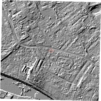 Shaded relief map of the ground around TW107YH, computed from Environment Agency LiDAR. The ground here sits at about 7 m above sea level and falls 7 m across the surrounding 800 m. Surface water reaching this point runs off ground lying to the south-west, 4.1 m higher.