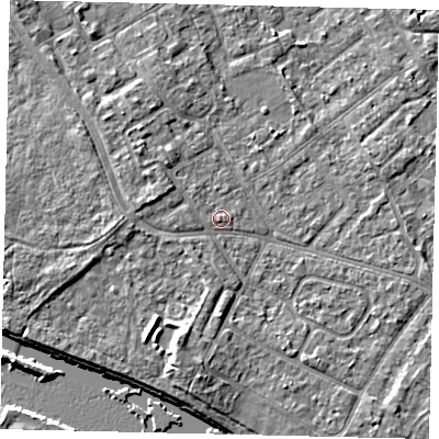 Shaded relief map of the ground around TW107YJ, computed from Environment Agency LiDAR. The ground here sits at about 8 m above sea level and falls 7 m across the surrounding 800 m. Surface water reaching this point runs off ground lying to the west-north-west, 2.4 m higher.