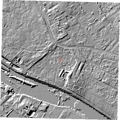 Shaded relief map of the ground around TW107YR, computed from Environment Agency LiDAR. The ground here sits at about 8 m above sea level and falls 9 m across the surrounding 800 m. Surface water reaching this point runs off ground lying to the north, 1.0 m higher.