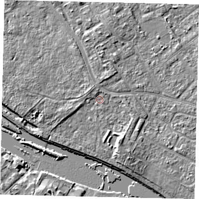 Shaded relief map of the ground around TW107YS, computed from Environment Agency LiDAR. The ground here sits at about 8 m above sea level and falls 7 m across the surrounding 800 m. Surface water reaching this point runs off ground lying to the north-north-west, 1.3 m higher.