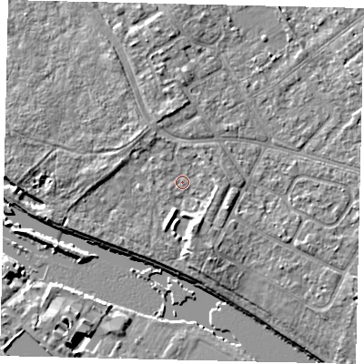 Shaded relief map of the ground around TW107YT, computed from Environment Agency LiDAR. The ground here sits at about 8 m above sea level and falls 9 m across the surrounding 800 m. Surface water reaching this point runs off ground lying to the north-east, 1.2 m higher.