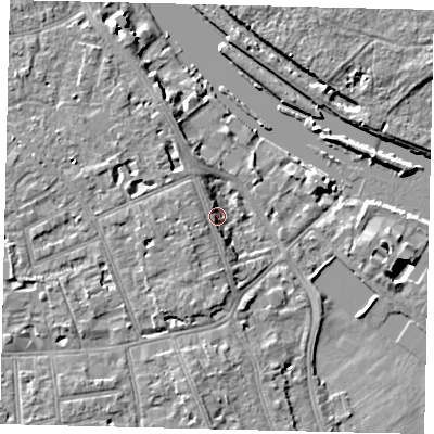 Shaded relief map of the ground around TW118AG, computed from Environment Agency LiDAR. The ground here sits at about 7 m above sea level and falls 8 m across the surrounding 800 m. Surface water reaching this point runs off ground lying to the west, 4.9 m higher.