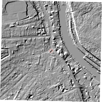 Shaded relief map of the ground around TW118AN, computed from Environment Agency LiDAR. The ground here sits at about 7 m above sea level and falls 8 m across the surrounding 800 m. Surface water reaching this point runs off ground lying to the west, 4.9 m higher.